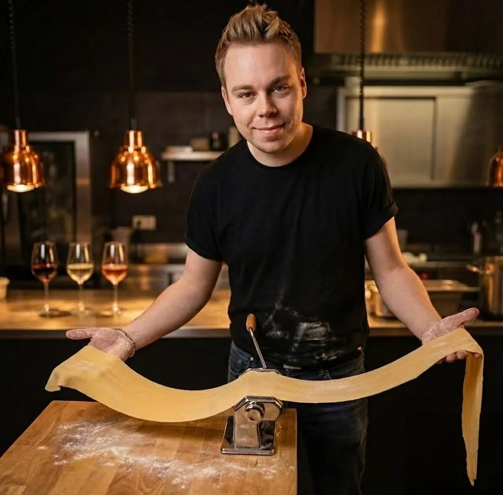 Philipp im Küchenstudio hält ausgerollten Pastateig. Im Hintergrund stehen Weingläser.